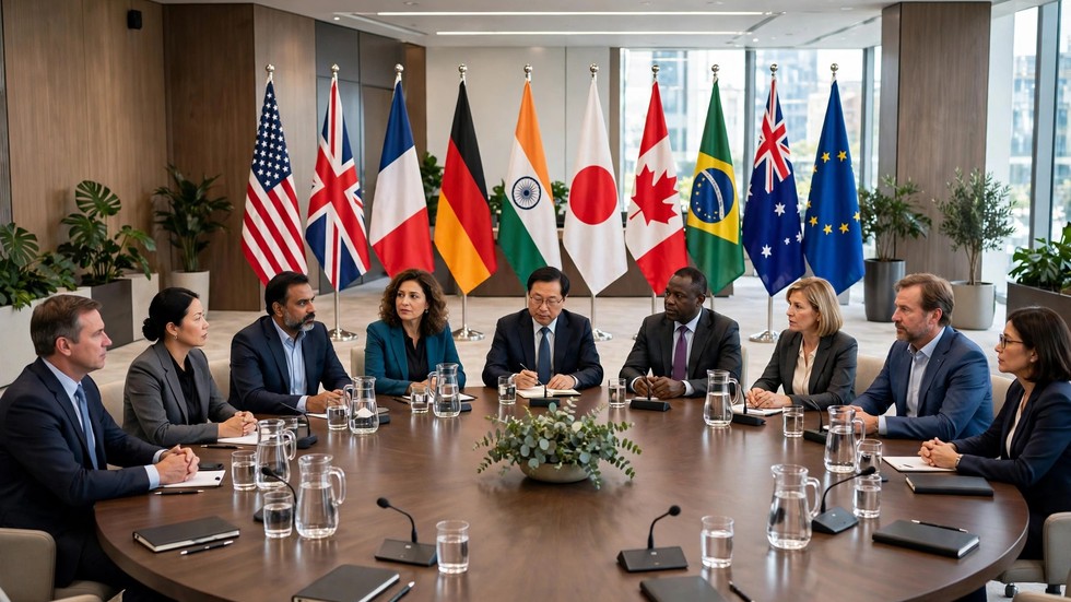 Summitul G20 2026: Lideri mondiali la masa de conferință, steaguri ale țărilor membre în fundal