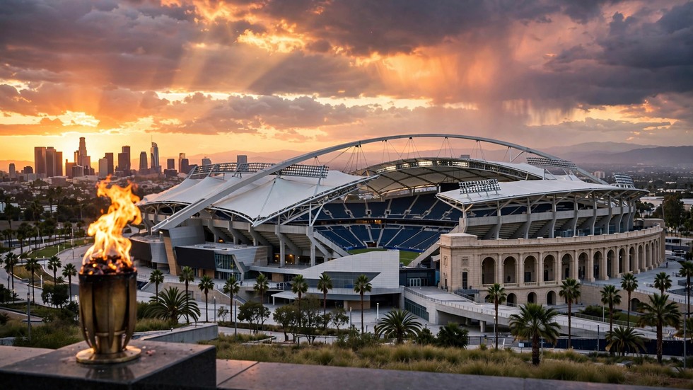 Jocurile Olimpice 2028: Stadion olimpic modern din Los Angeles la apus, cu torța olimpică în prim-plan