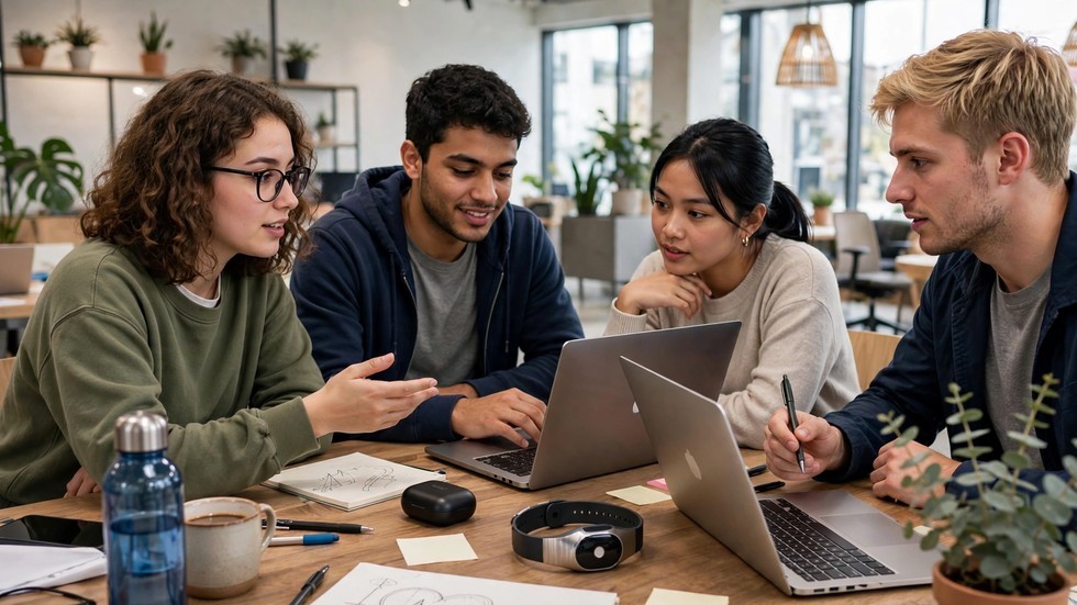 startup-uri românești – Echipă tânără de startup lucrând într-un birou modern cu laptopuri și tablă albă