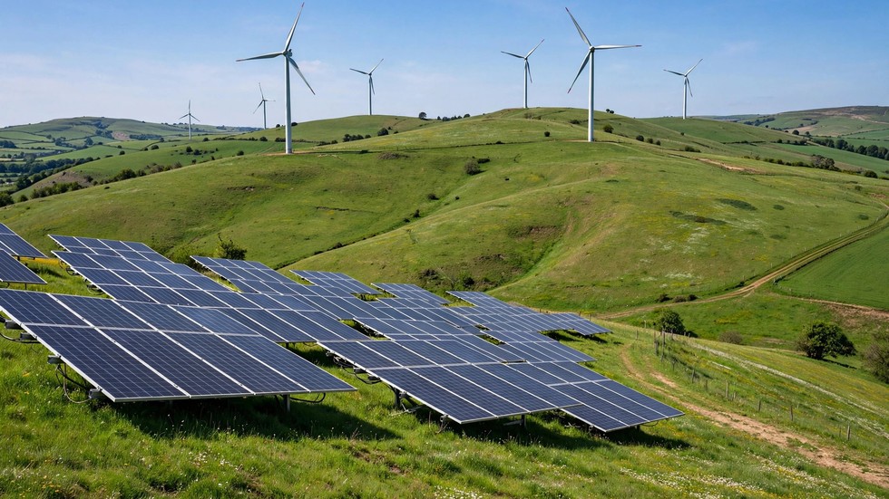 summitul climatic 2026: Panouri solare și turbine eoliene pe un câmp verde sub un cer senin