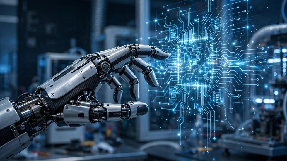 reglementări inteligență artificială: Robot umanoid și circuite digitale într-un laborator modern de tehnologie