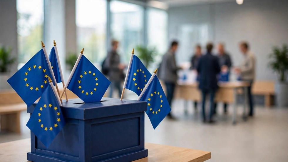alegeri Europa 2026: Urnă de vot și steaguri europene într-o secție de votare modernă