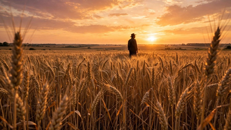 criza alimentară globală: Câmp de grâu auriu la apus, cu un fermier privind spre orizont