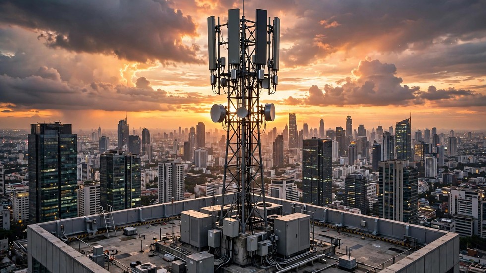 tehnologia 5G: Turn de telecomunicații 5G pe un acoperiș de clădire modernă la apus