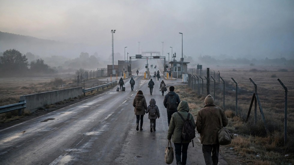 migrația globală 2026: Grup de oameni mergând pe un drum la graniță, la răsărit, perspectivă documentară